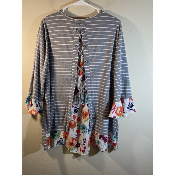 Terra & Sky Floral Top with Long Sleeves Slate Grey 1X (16W-18W) - Picture 5 of 10